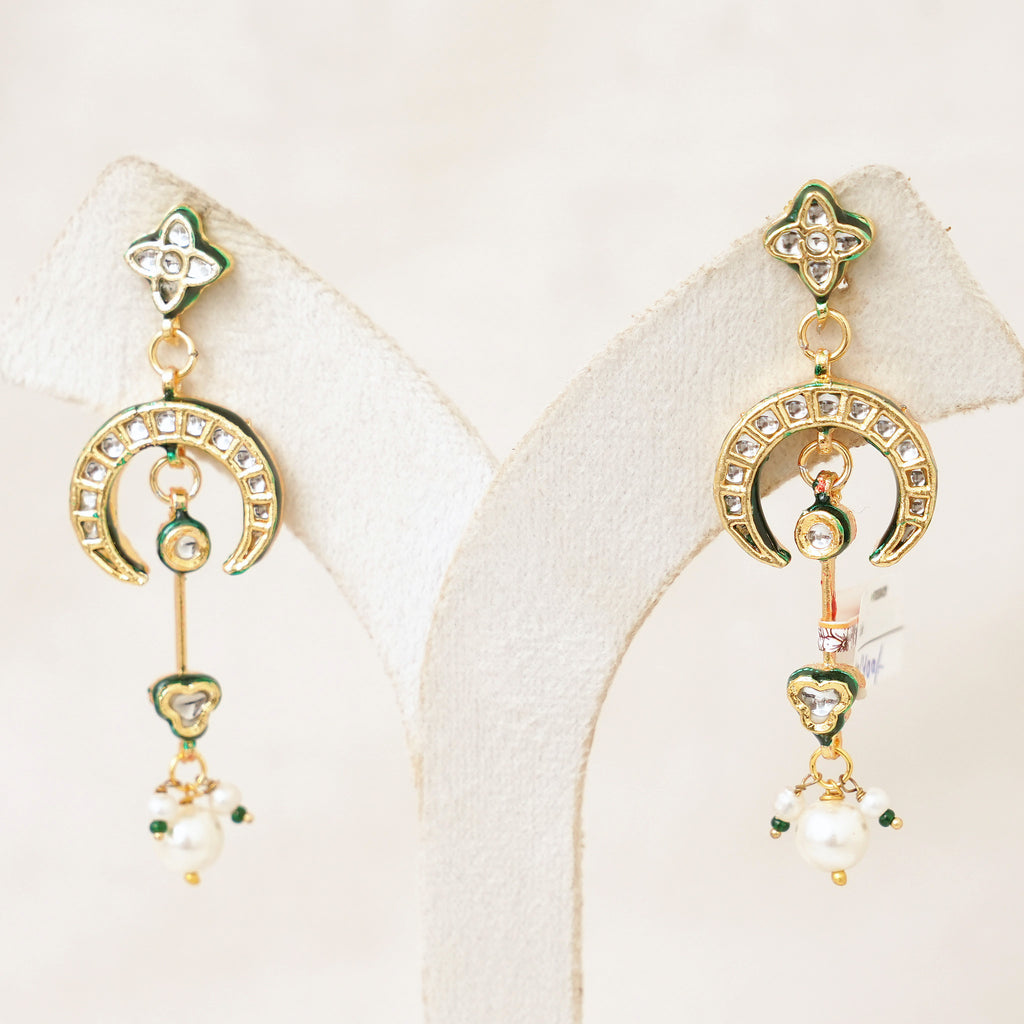Kundan Crescent Long Drop Earrings - Pearl White