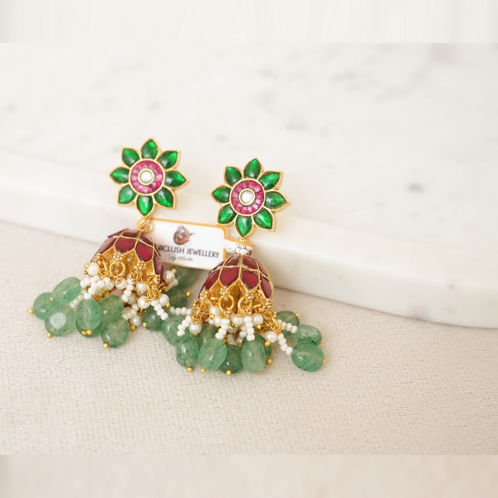 Ruby Lotus Jhumka with Green Floral Top