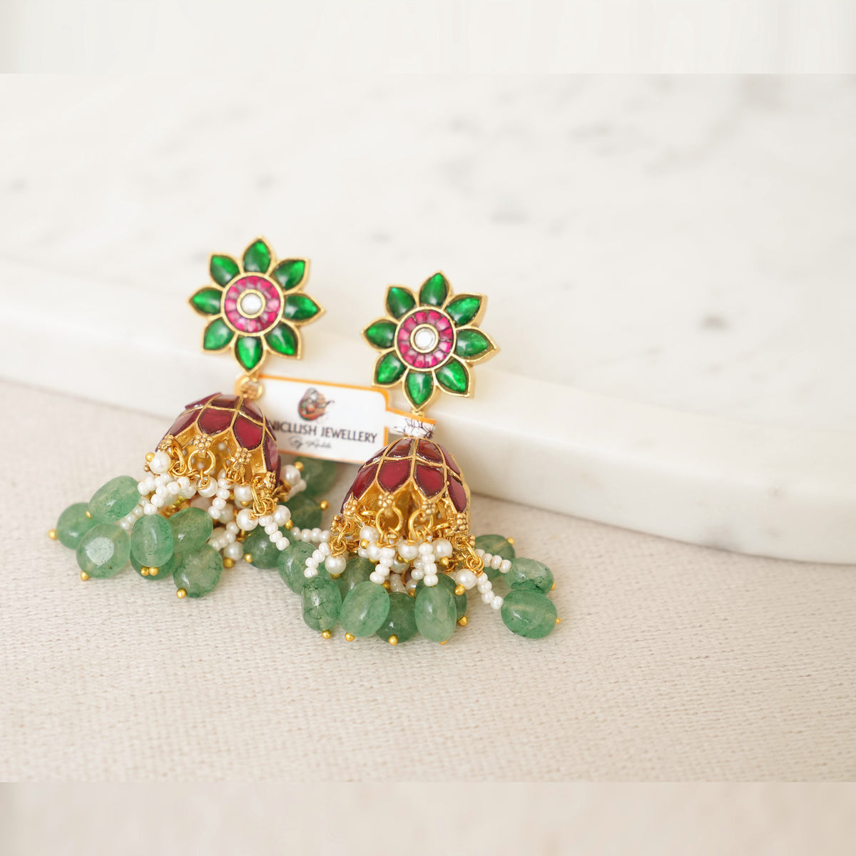 Ruby Lotus Jhumka with Green Floral Top