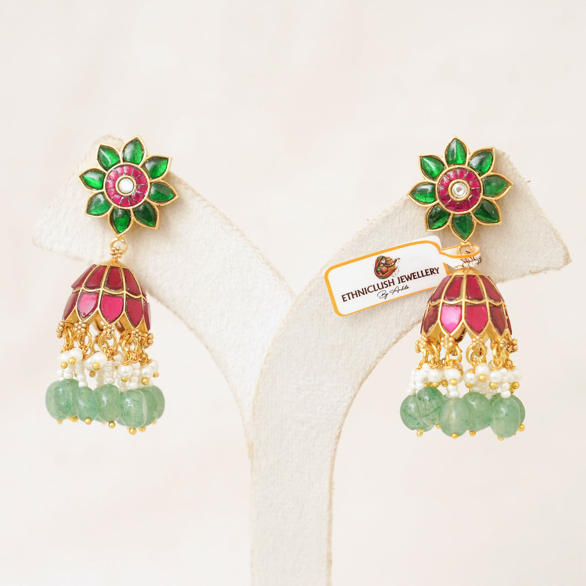 Ruby Lotus Jhumka with Green Floral Top