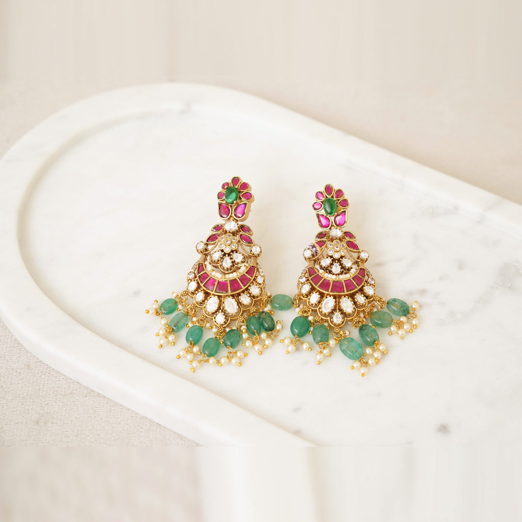 Ruby Kundan Chandbali with Green Drops
