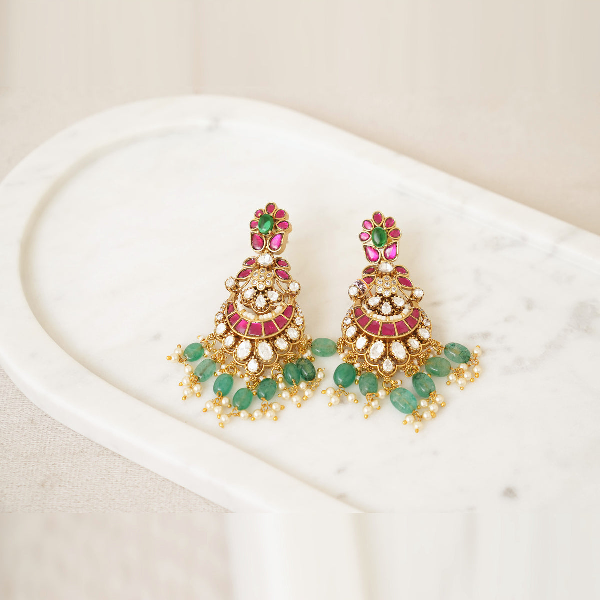 Ruby Kundan Chandbali with Green Drops