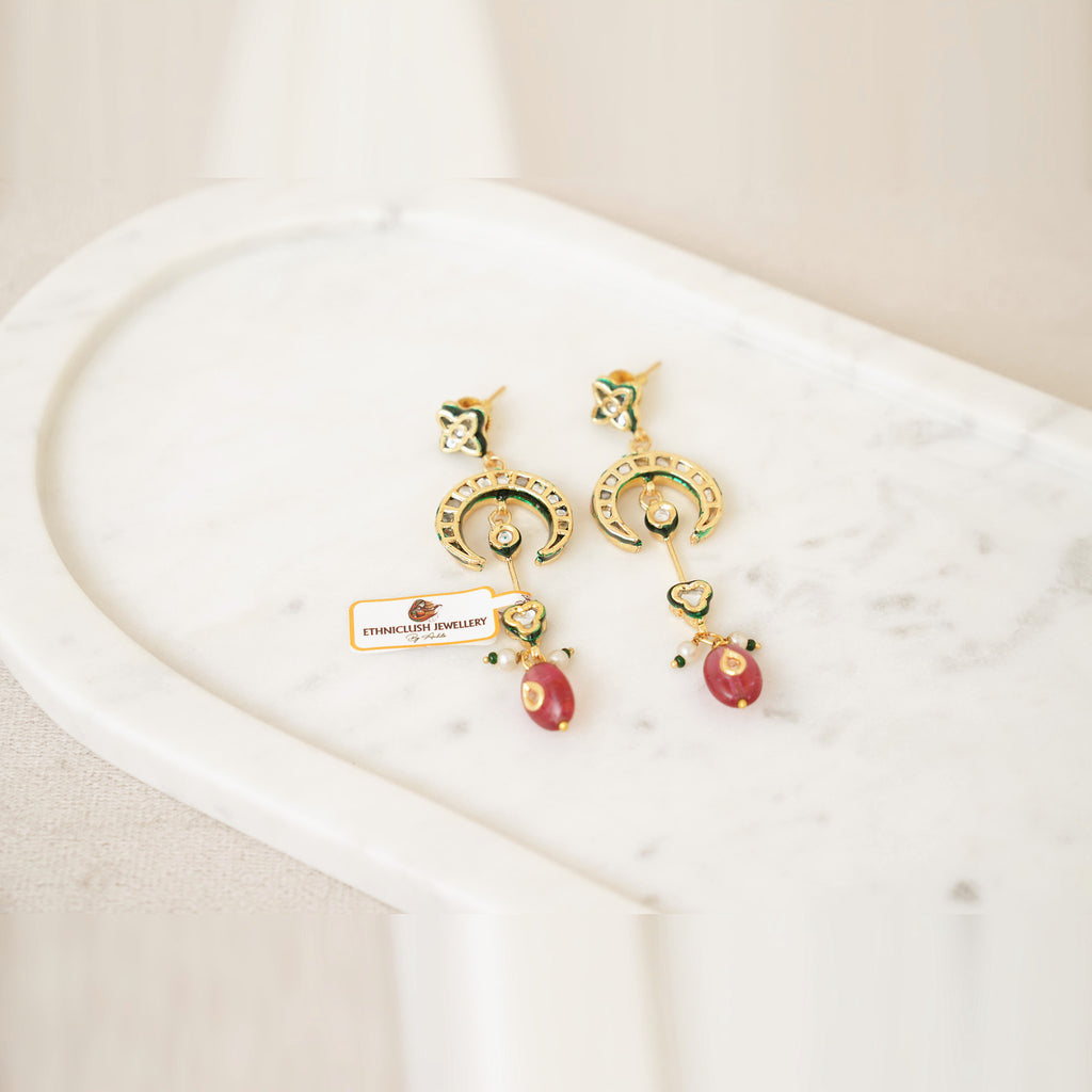 Kundan Crescent Long Drop Earrings - Ruby Red