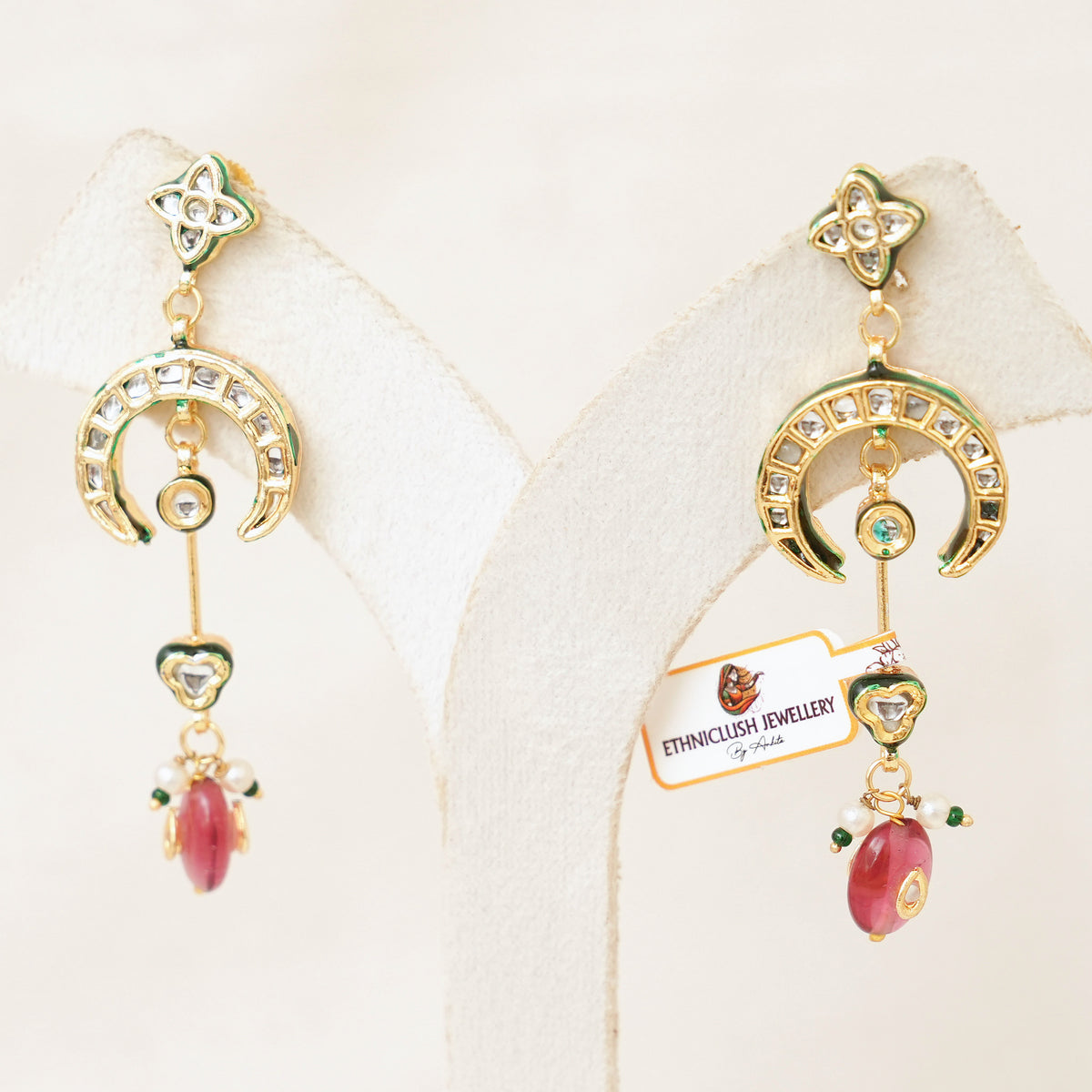 Kundan Crescent Long Drop Earrings - Ruby Red