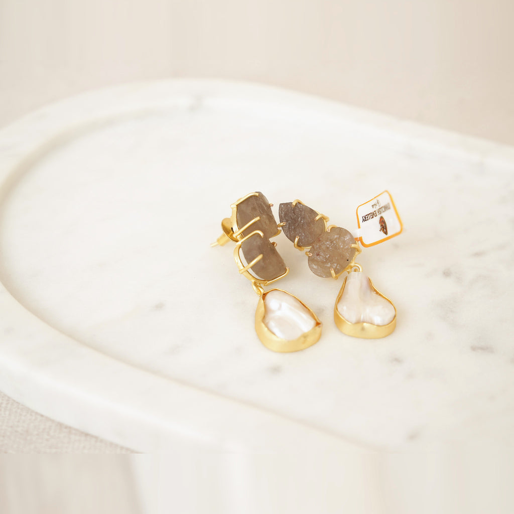Raw Gemstone & Baroque Pearl Drop Earrings - Smoky Brown