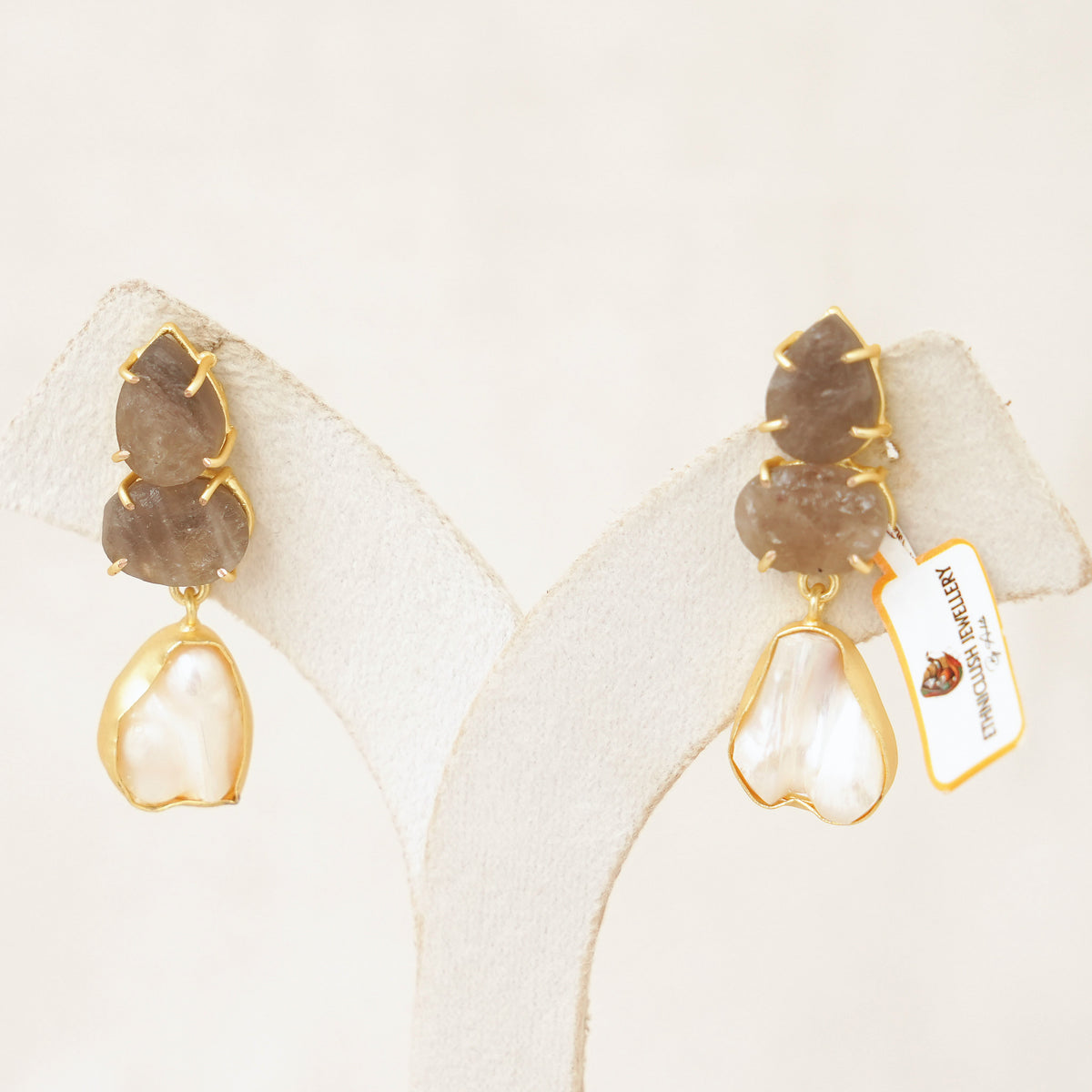 Raw Gemstone & Baroque Pearl Drop Earrings - Smoky Brown
