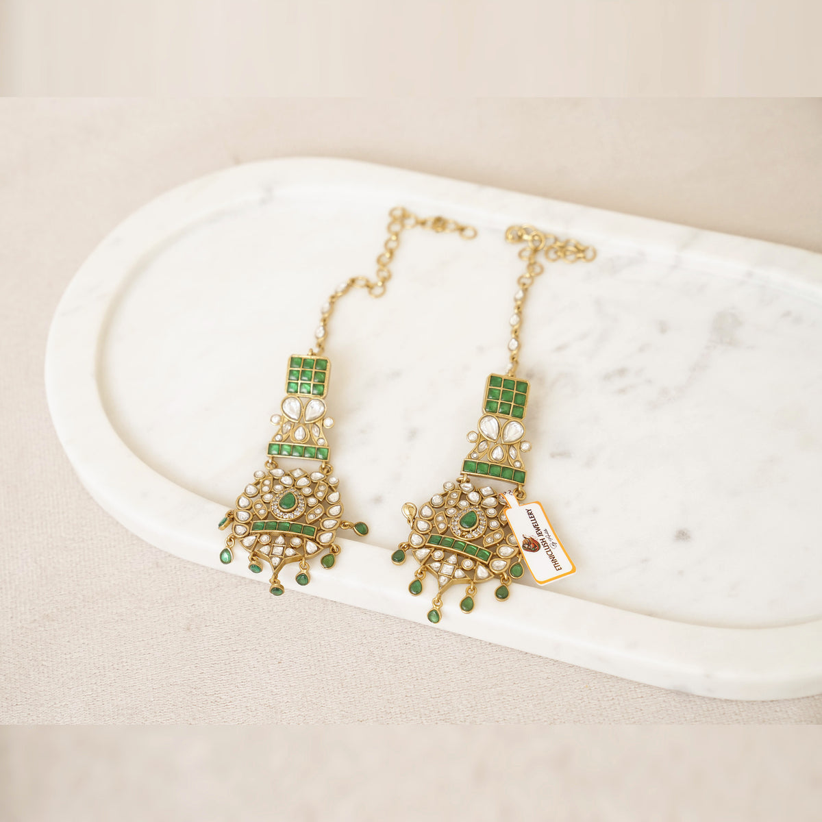 Kundan Chandelier Earrings with Ear Chain - Emerald Green