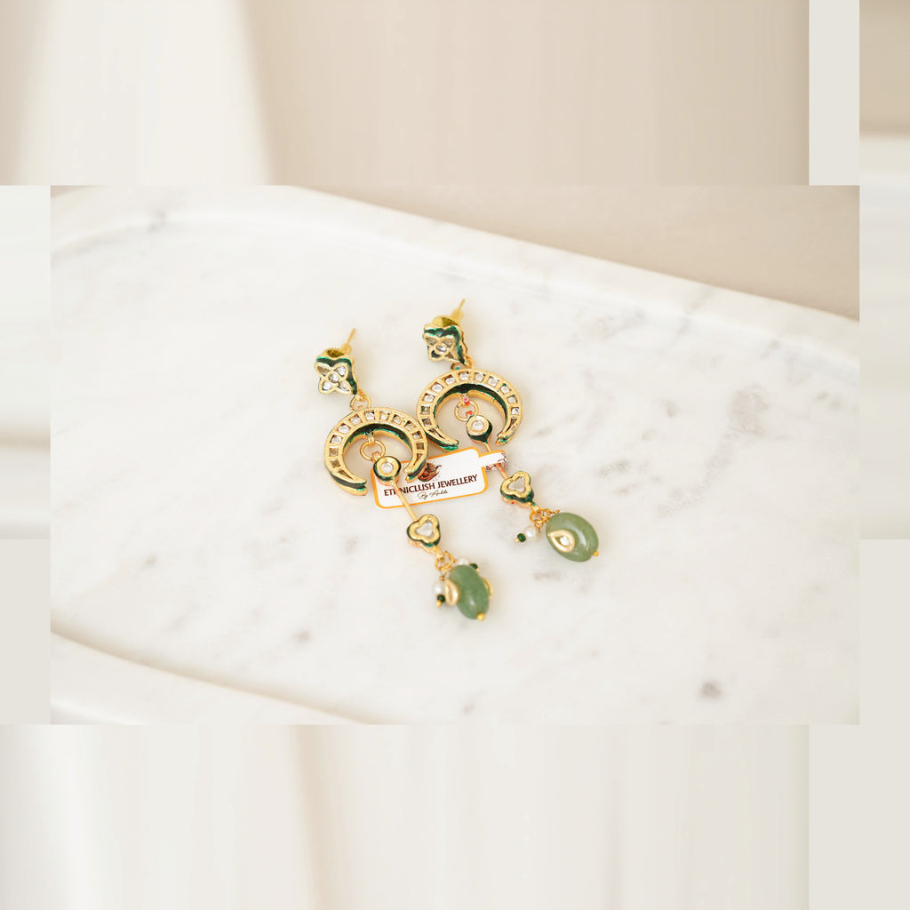 Kundan Crescent Long Drop Earrings - Mint Green