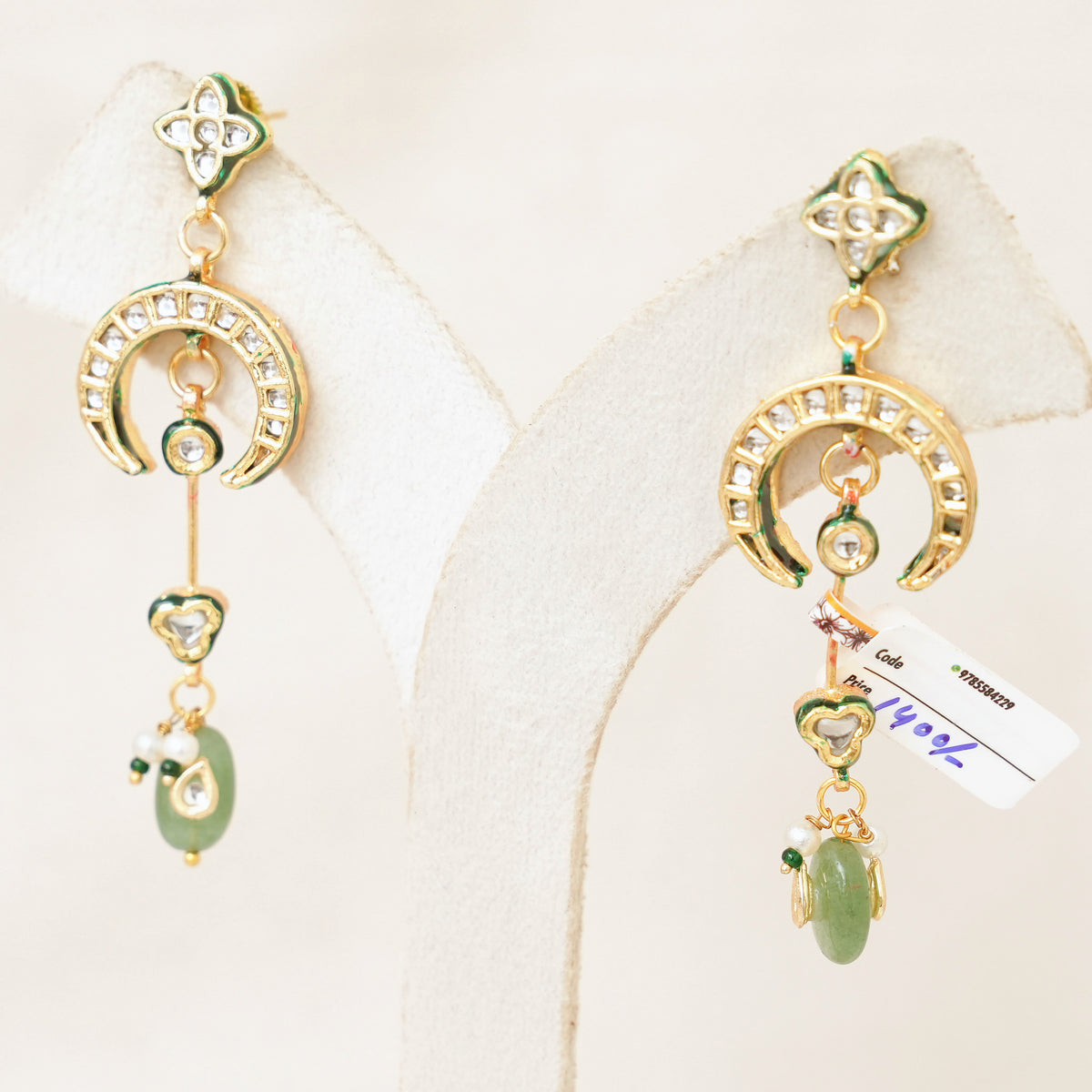 Kundan Crescent Long Drop Earrings - Mint Green