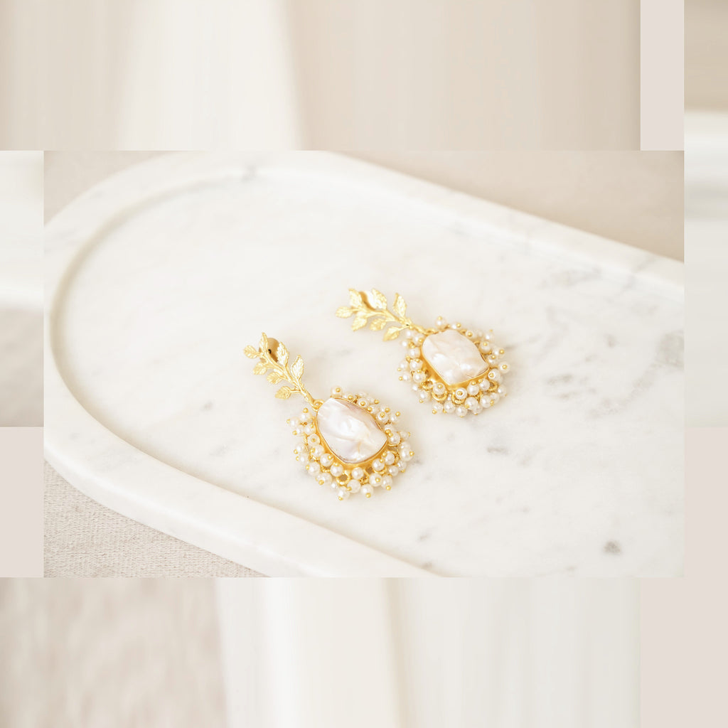 Baroque Pearl Gold Leaf Drop Earrings