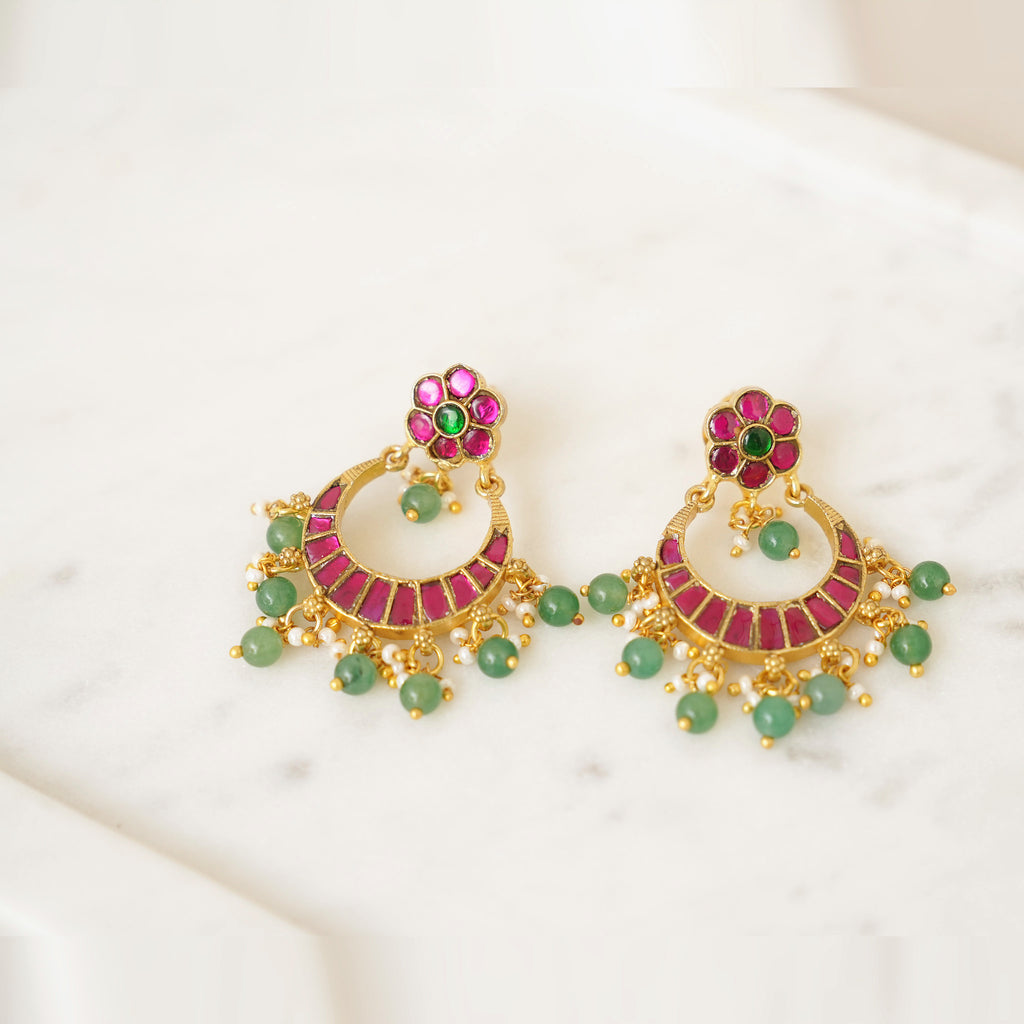 Ruby Kundan Chandbali with Green Bead Drops
