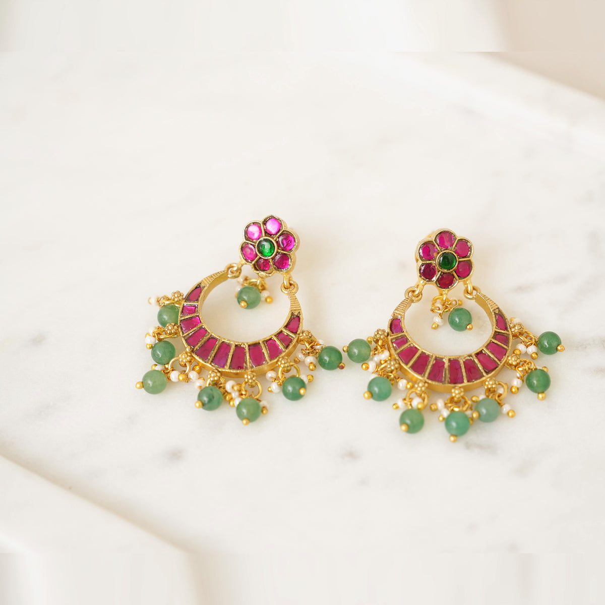 Ruby Kundan Chandbali with Green Bead Drops