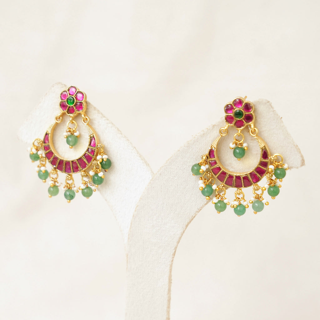 Ruby Kundan Chandbali with Green Bead Drops