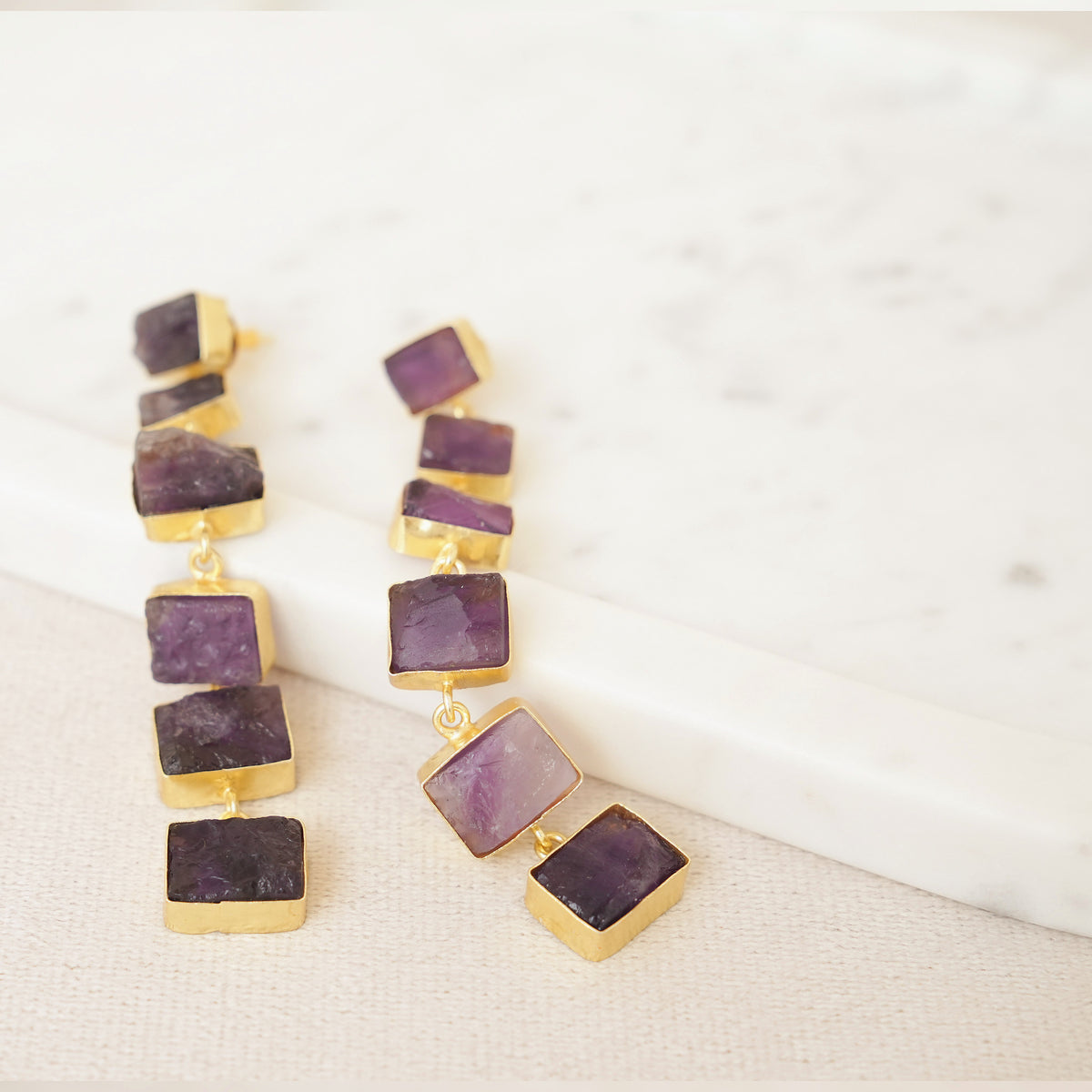 Raw Gemstone Linear Drop Earrings - Purple
