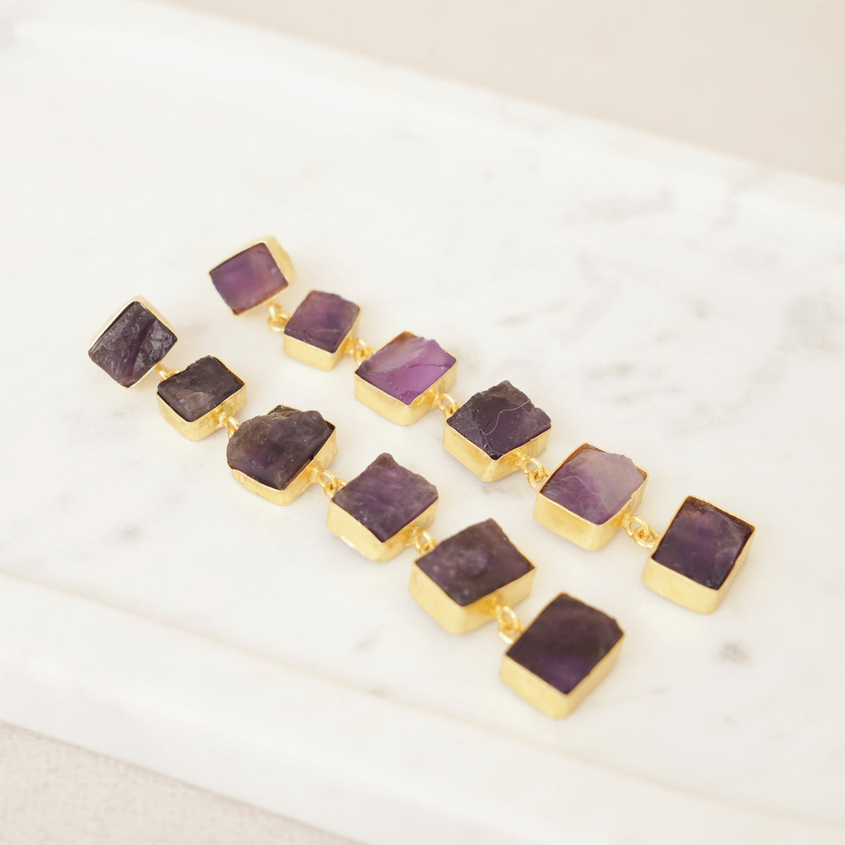 Raw Gemstone Linear Drop Earrings - Purple