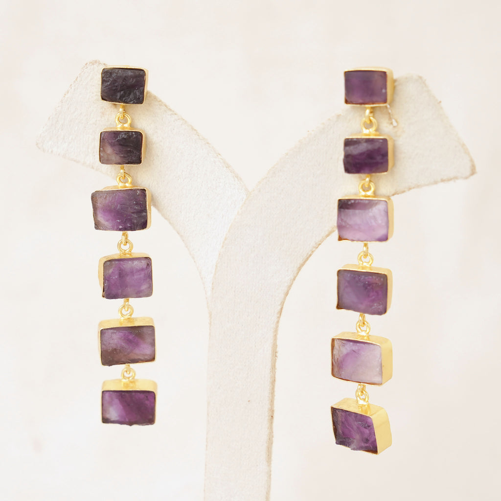 Raw Gemstone Linear Drop Earrings - Purple