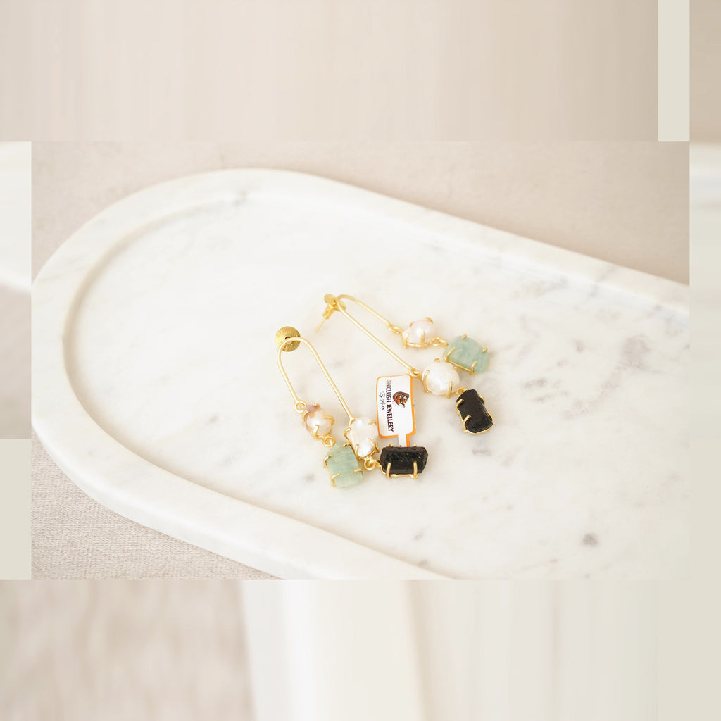 Raw Gemstone & Pearl U-Drop Earrings - Black & Aqua