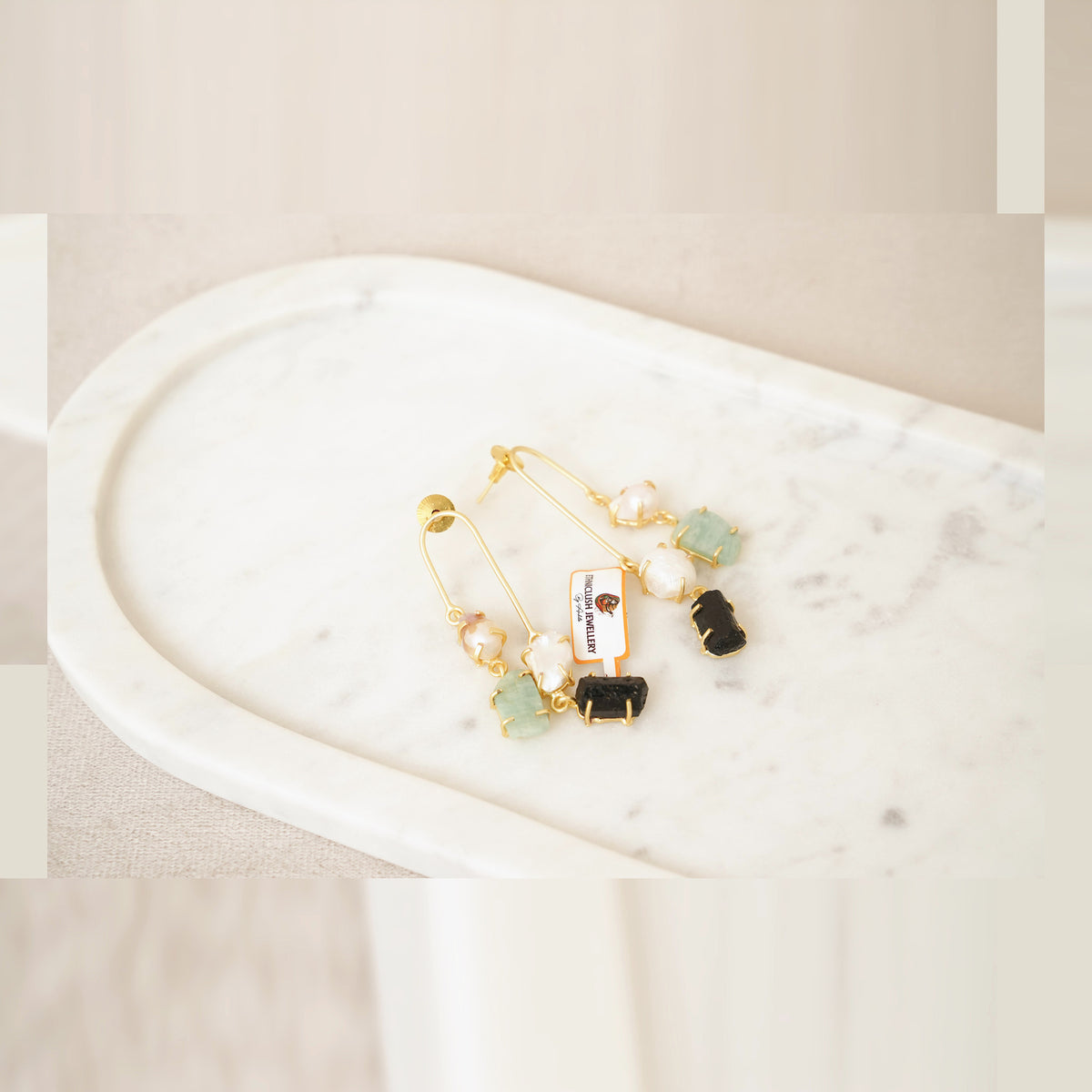Raw Gemstone & Pearl U-Drop Earrings - Black & Aqua