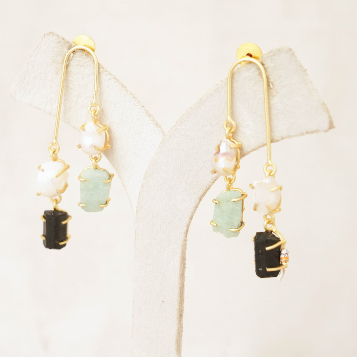 Raw Gemstone & Pearl U-Drop Earrings - Black & Aqua