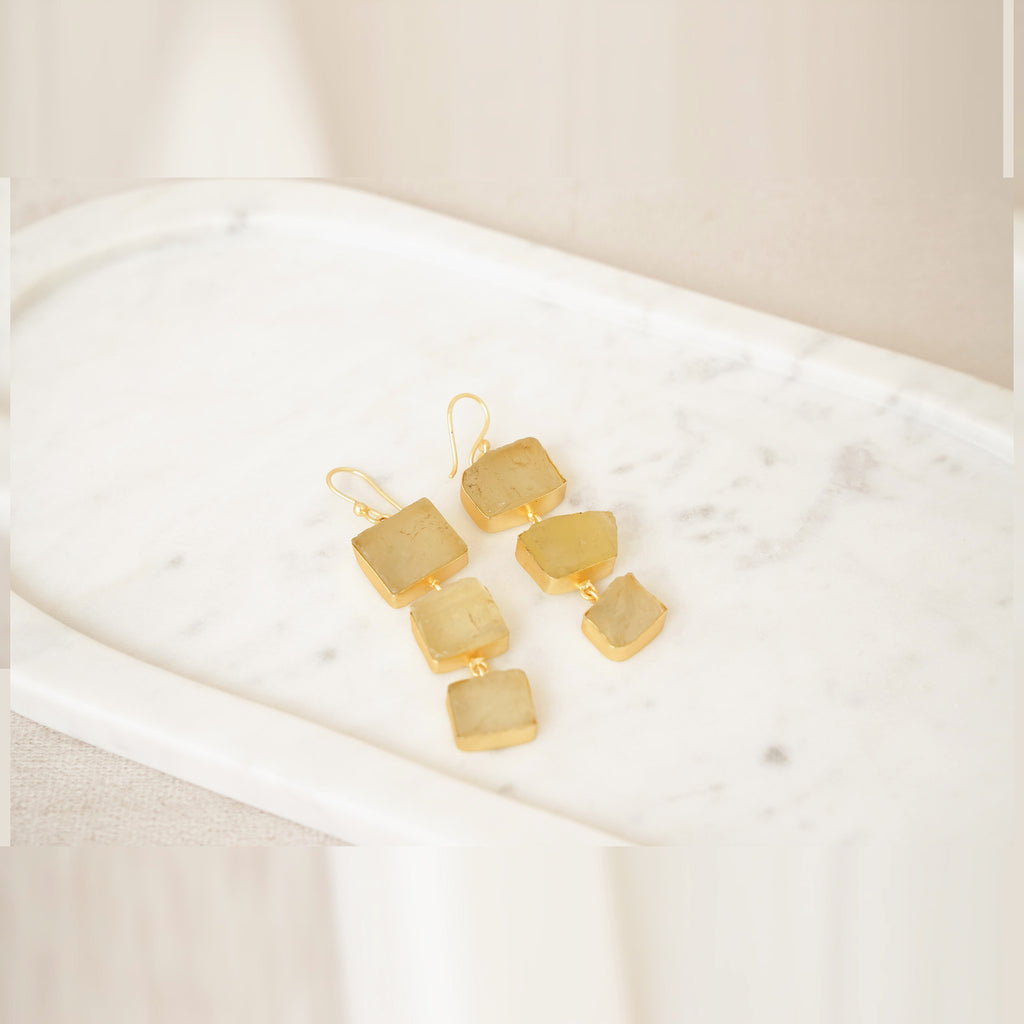 Raw Gemstone Linear Drop Earrings - Yellow