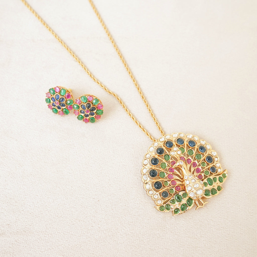 Peacock Multi-Gemstone Pendant Necklace Set