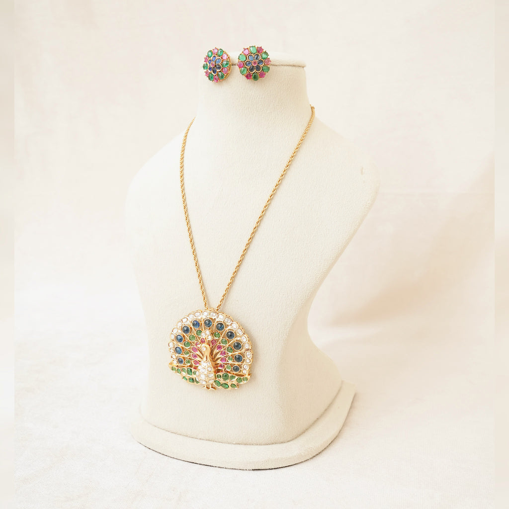 Peacock Multi-Gemstone Pendant Necklace Set