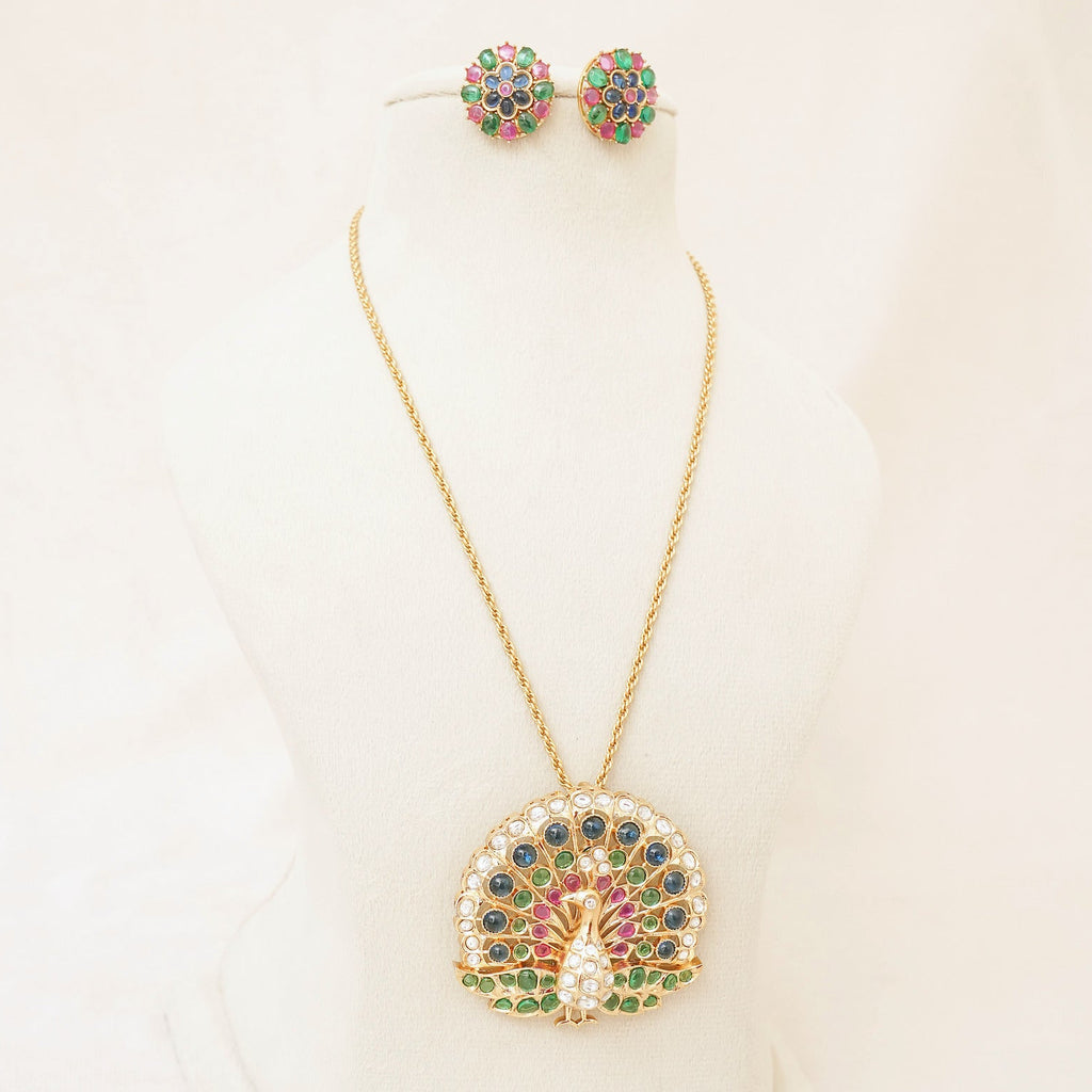 Peacock Multi-Gemstone Pendant Necklace Set