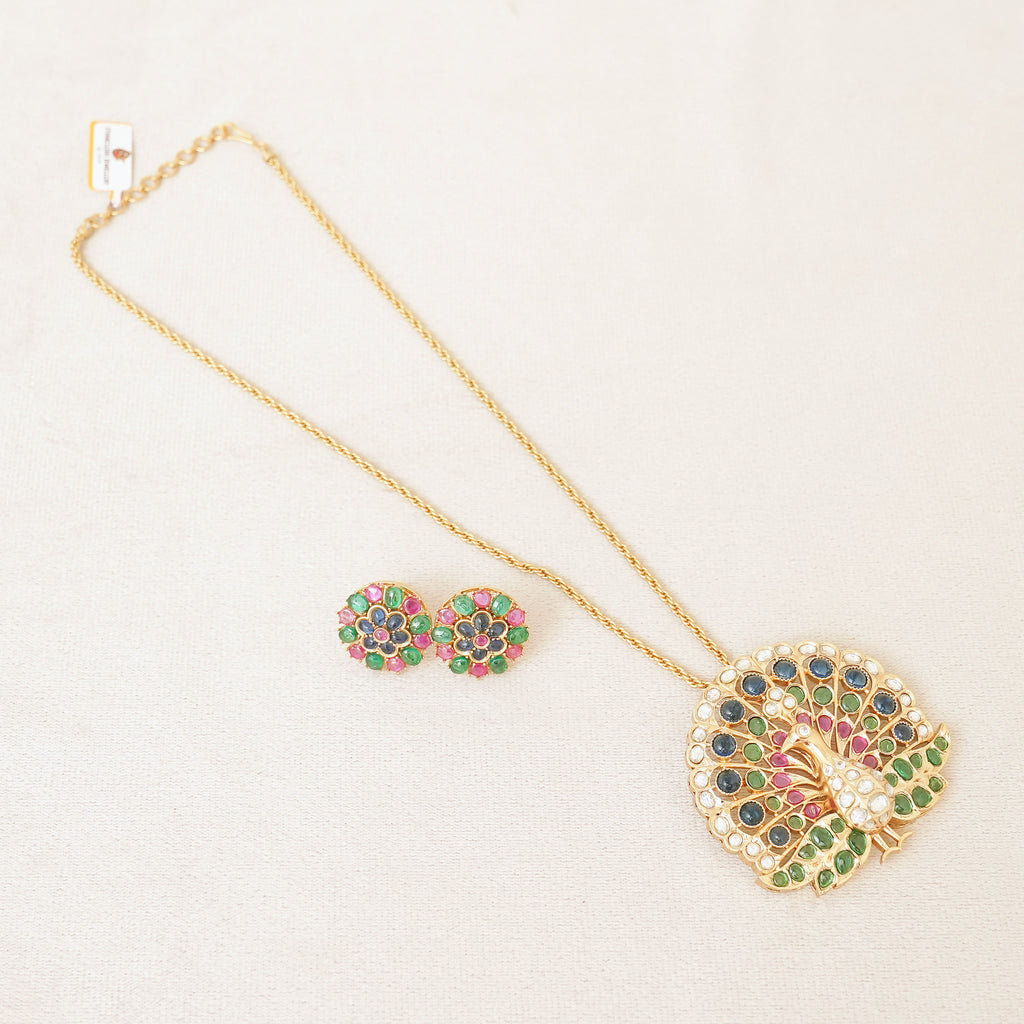 Peacock Multi-Gemstone Pendant Necklace Set