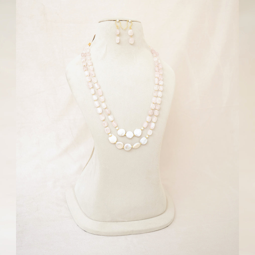 Rose Quartz & Coin Pearl Layered Necklace Set