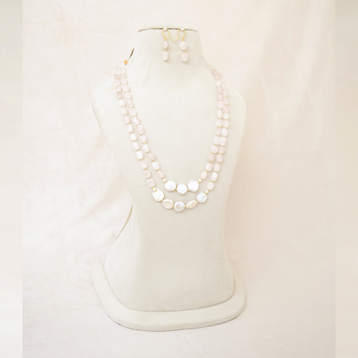 Rose Quartz & Coin Pearl Layered Necklace Set