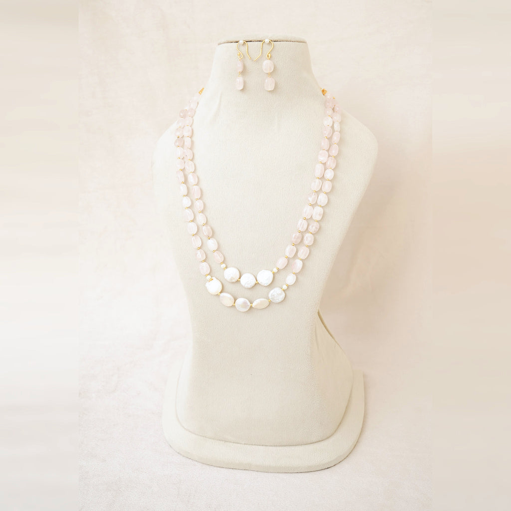 Rose Quartz & Coin Pearl Layered Necklace Set