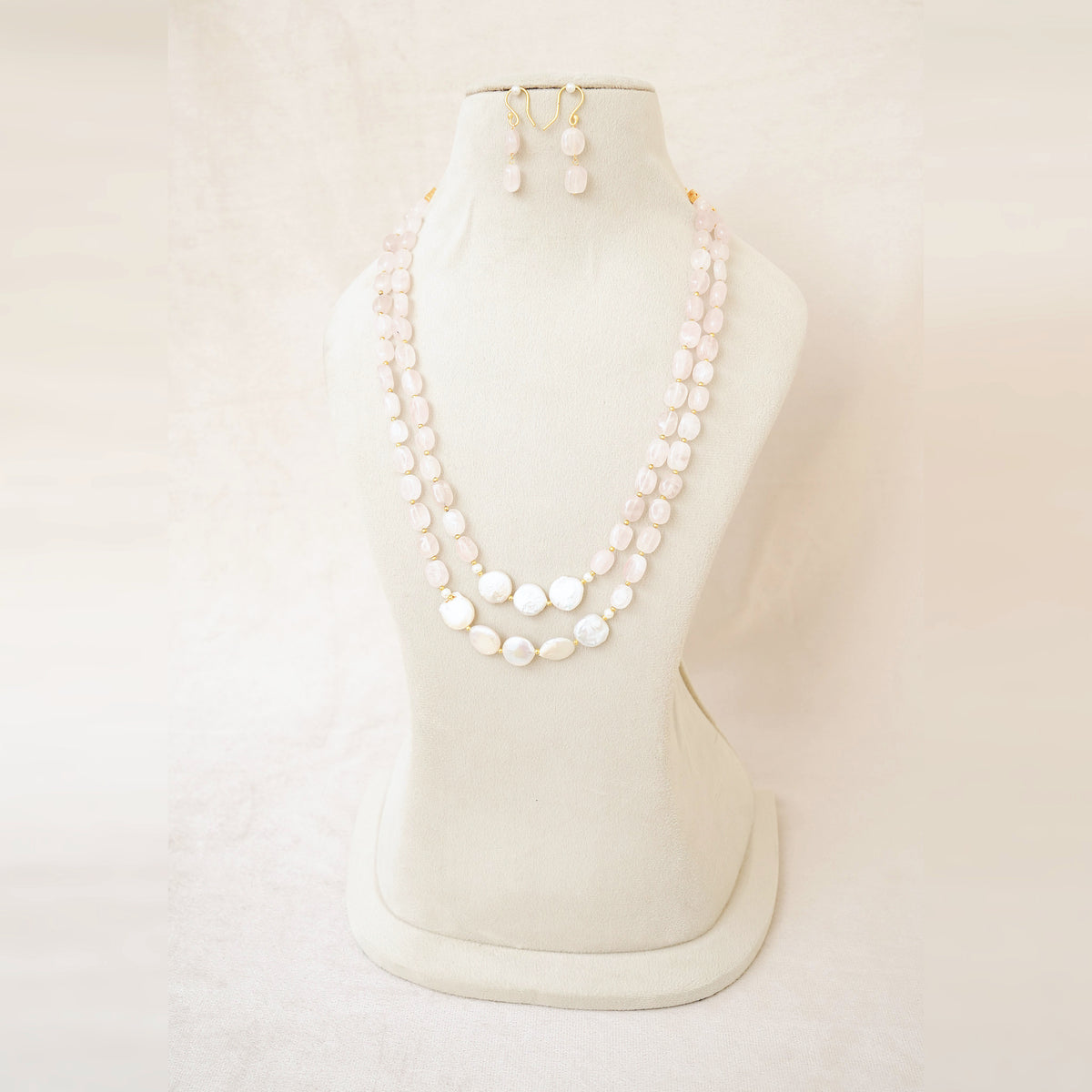 Rose Quartz & Coin Pearl Layered Necklace Set