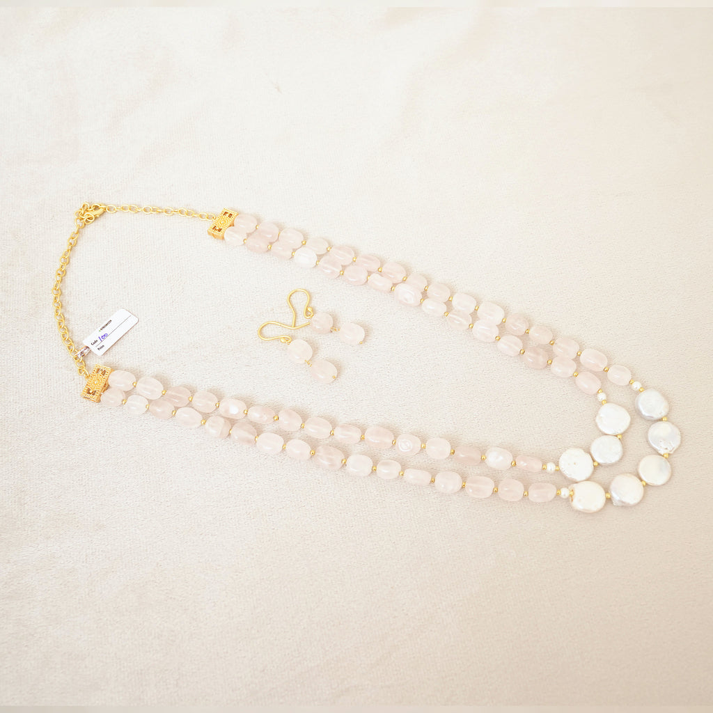 Rose Quartz & Coin Pearl Layered Necklace Set