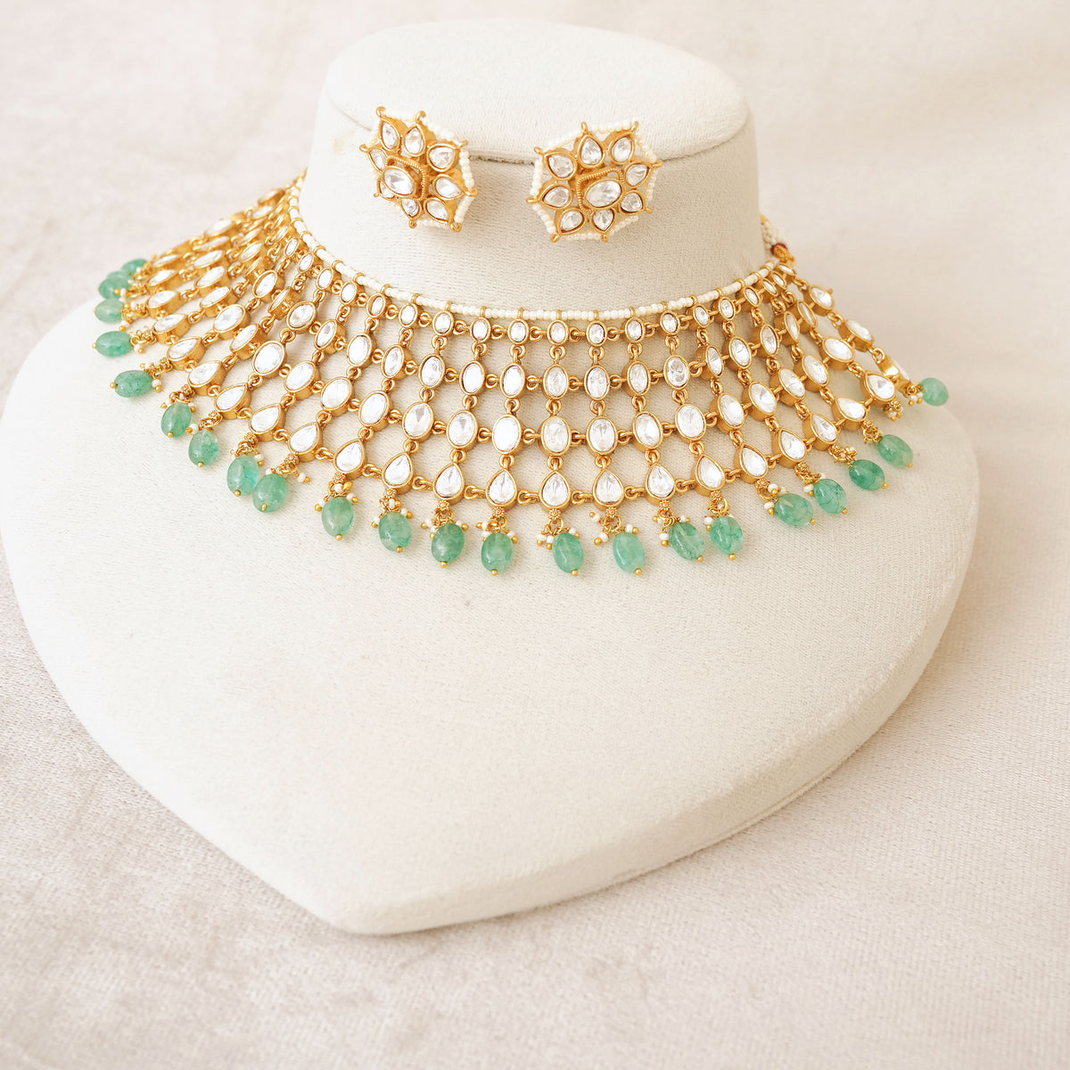 Kundan Bridal Choker Set with Green Bead Drops