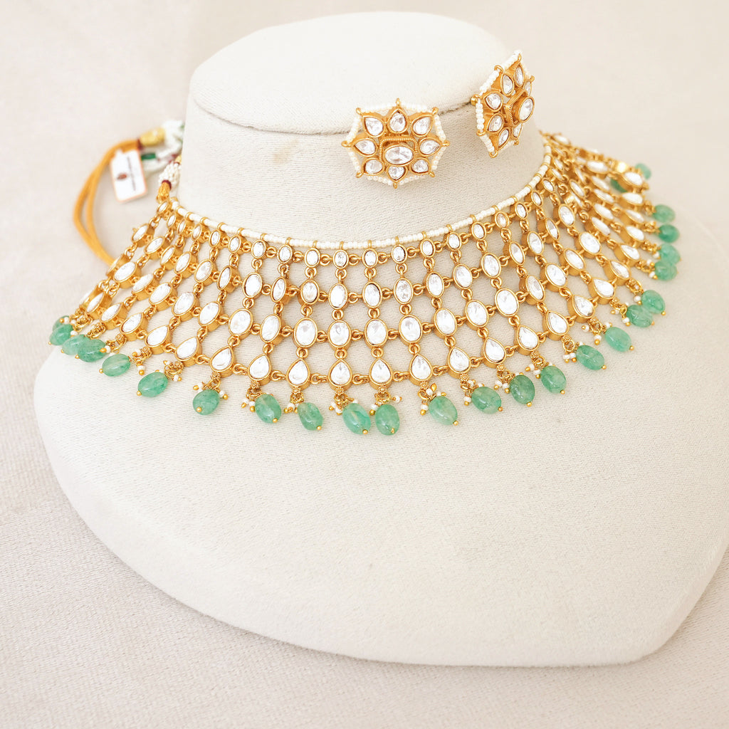 Kundan Bridal Choker Set with Green Bead Drops