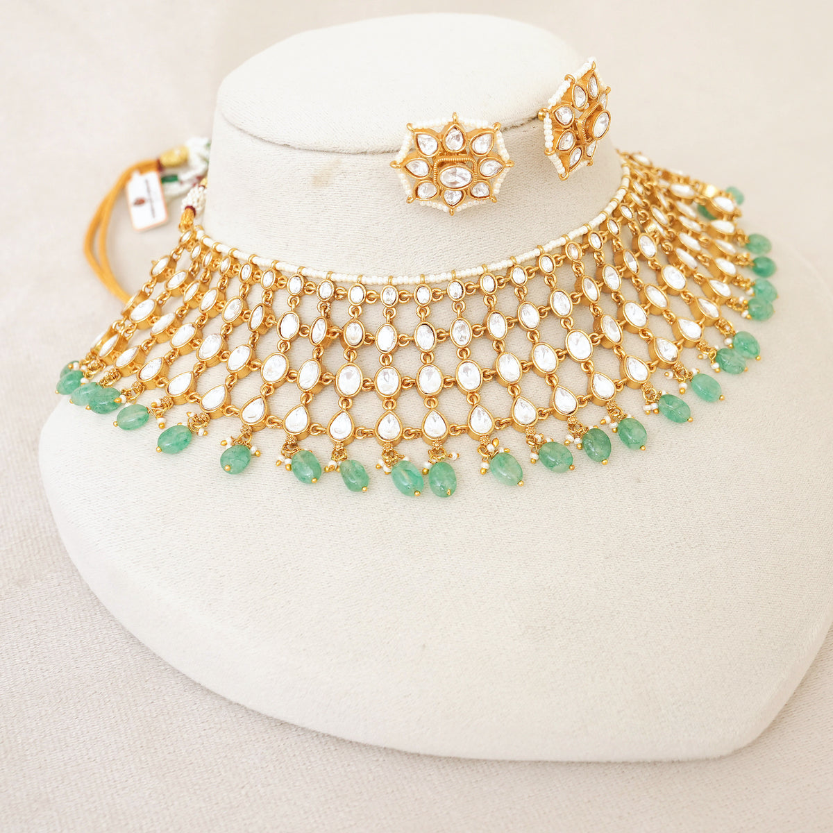 Kundan Bridal Choker Set with Green Bead Drops