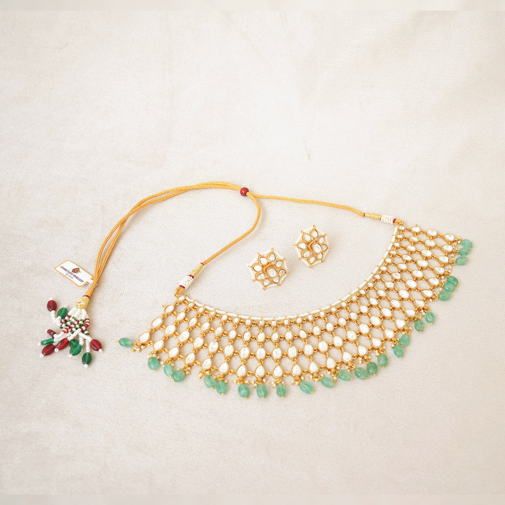 Kundan Bridal Choker Set with Green Bead Drops