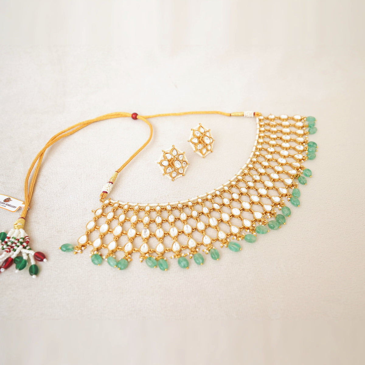 Kundan Bridal Choker Set with Green Bead Drops