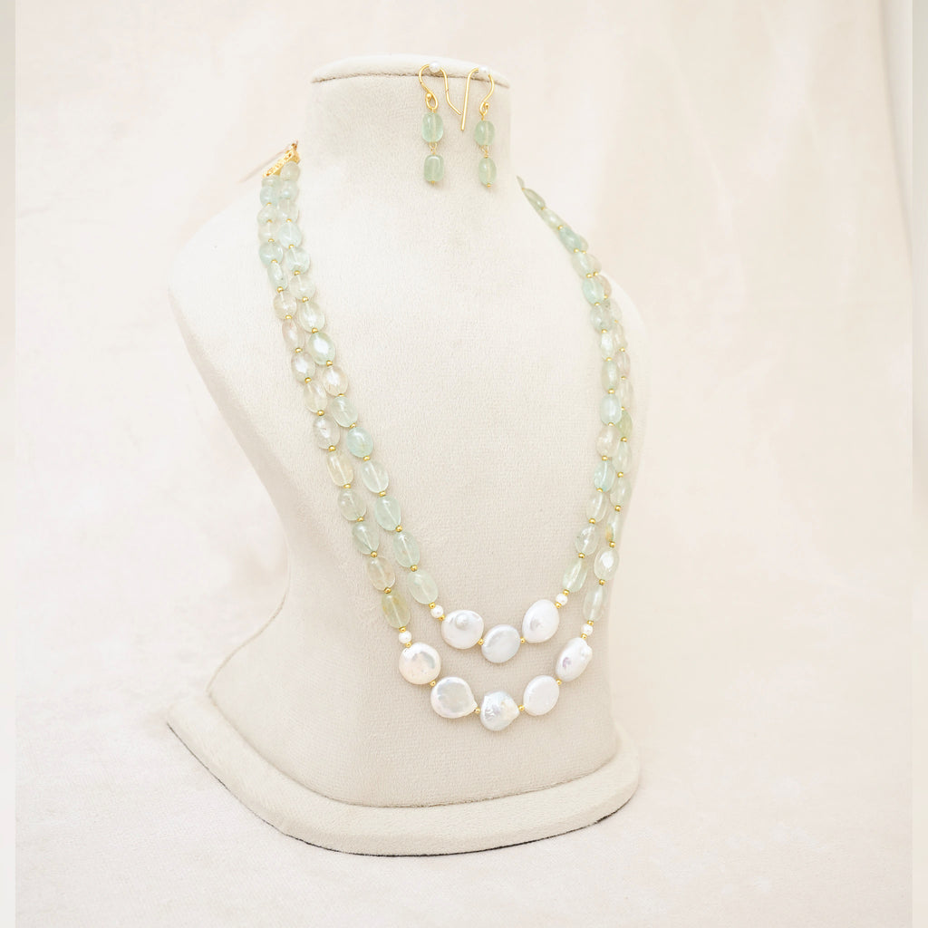 Mint Green Gemstone & Baroque Pearl Layered Necklace Set