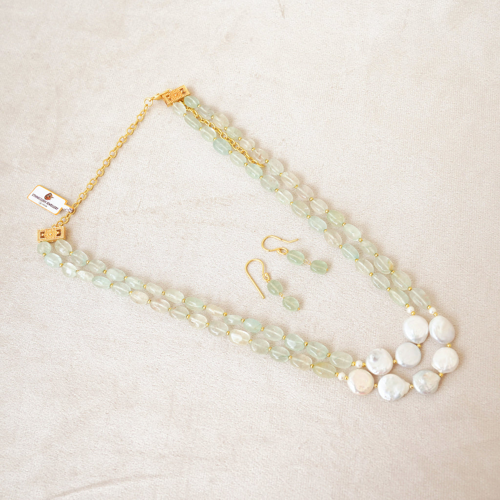 Mint Green Gemstone & Baroque Pearl Layered Necklace Set