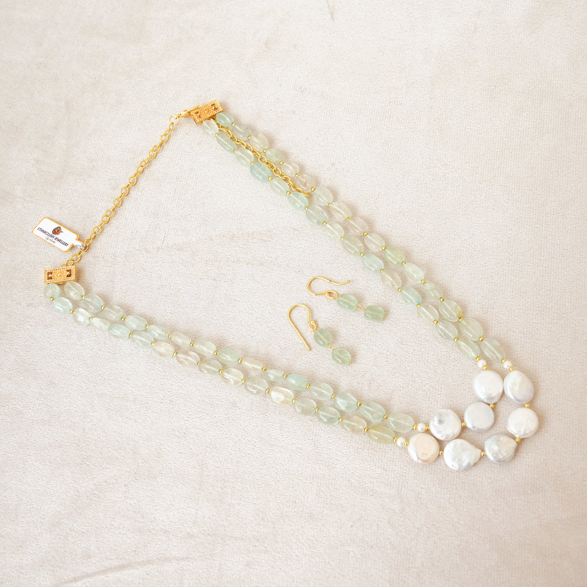 Mint Green Gemstone & Baroque Pearl Layered Necklace Set
