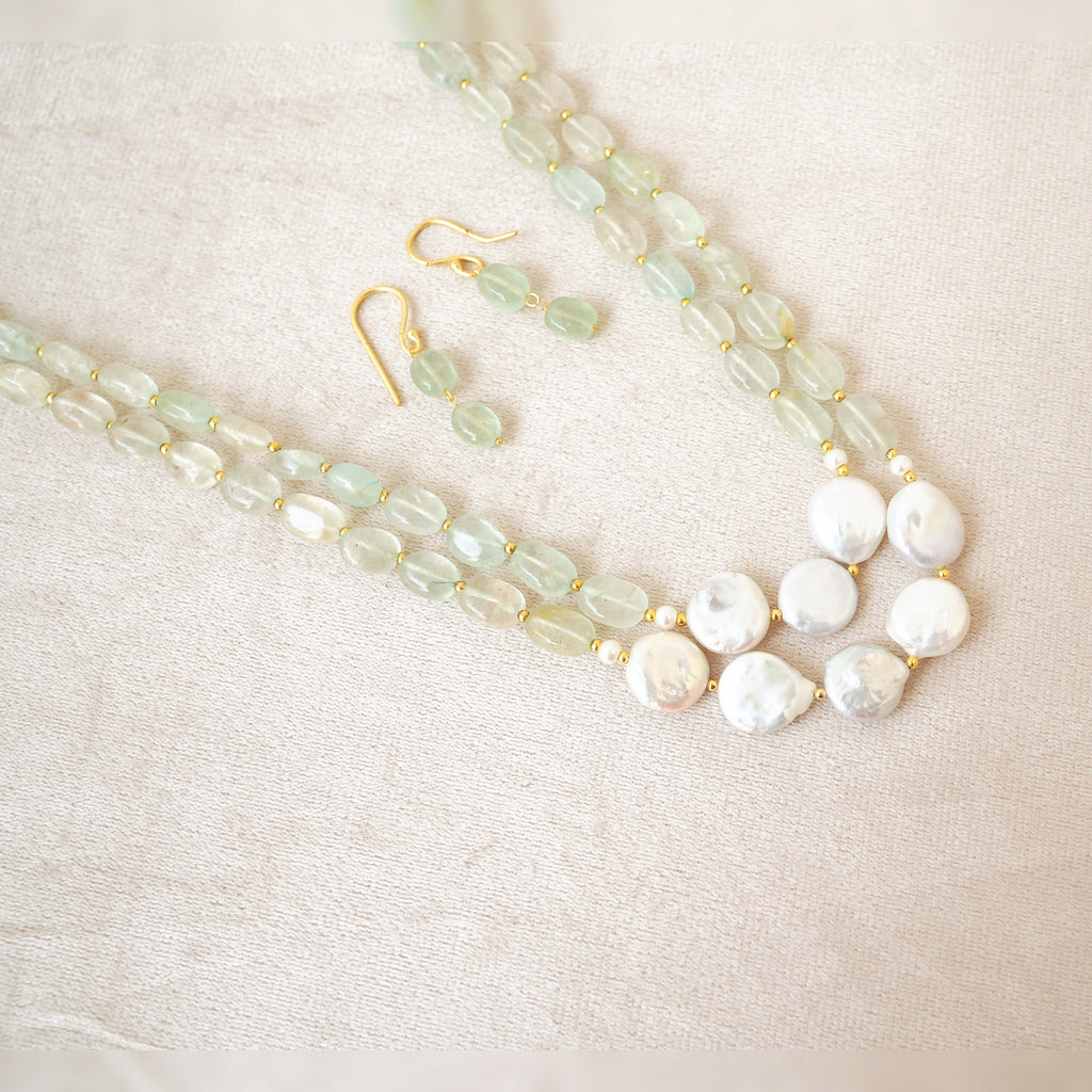 Mint Green Gemstone & Baroque Pearl Layered Necklace Set