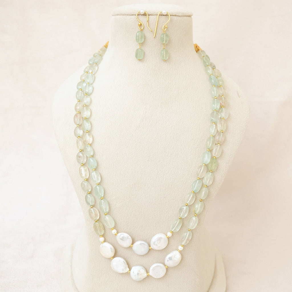 Mint Green Gemstone & Baroque Pearl Layered Necklace Set