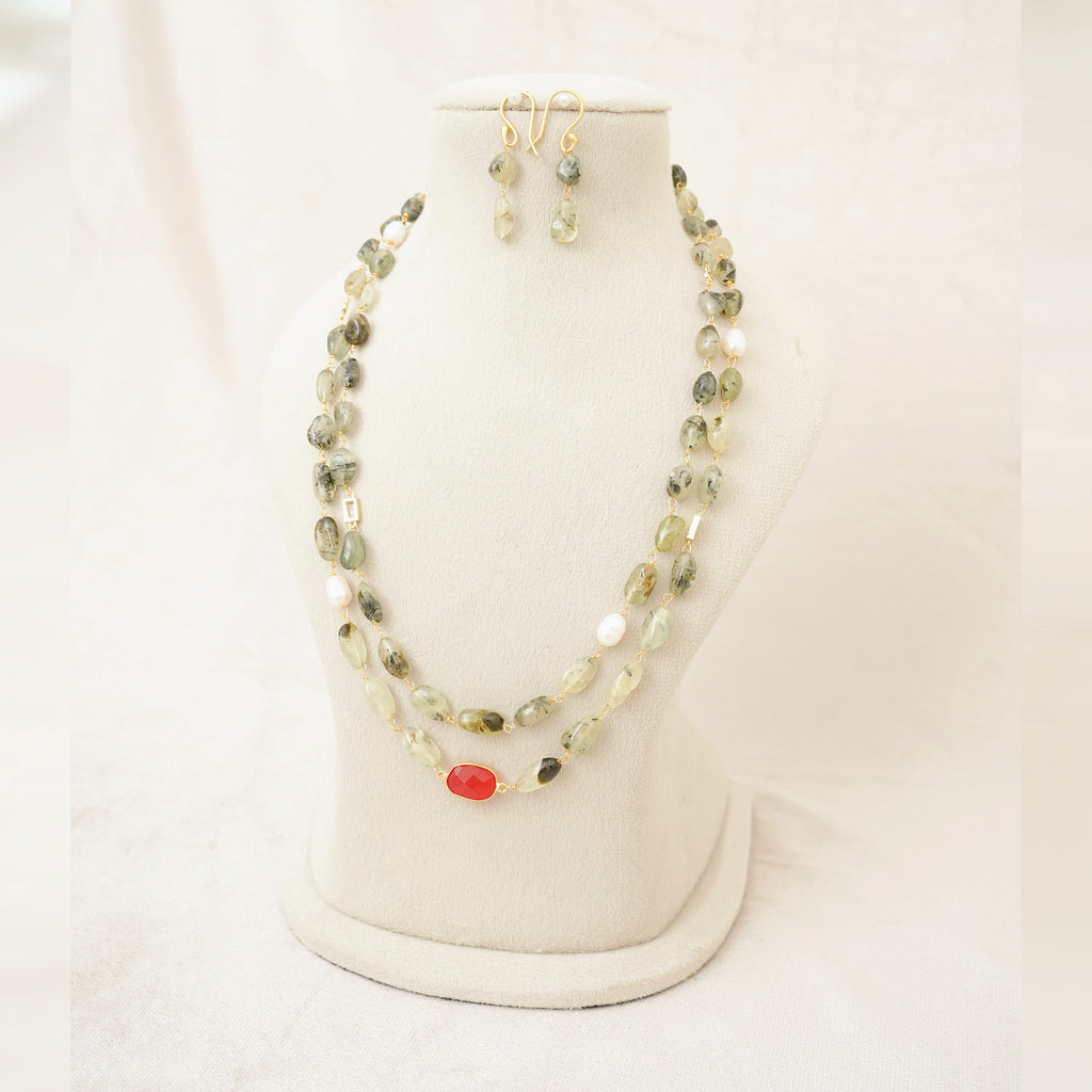 Prehnite & Pearl Two-Layer Necklace Set