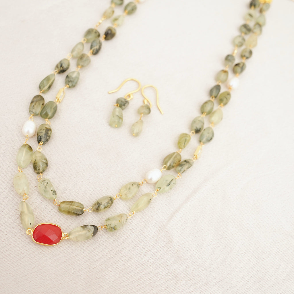 Prehnite & Pearl Two-Layer Necklace Set