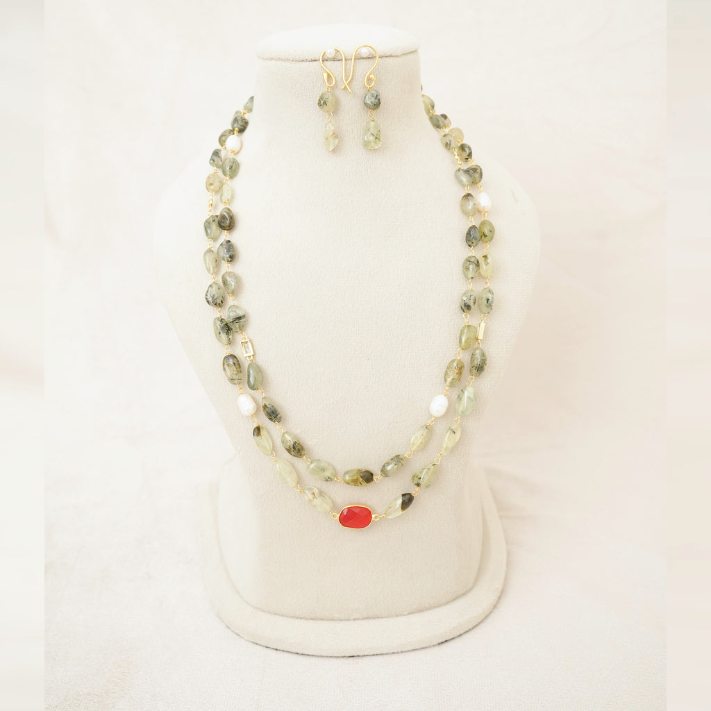 Prehnite & Pearl Two-Layer Necklace Set