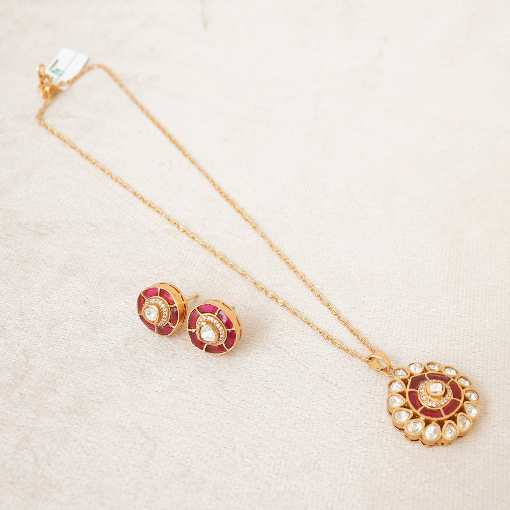 Ruby Kundan Medallion Pendant Necklace Set