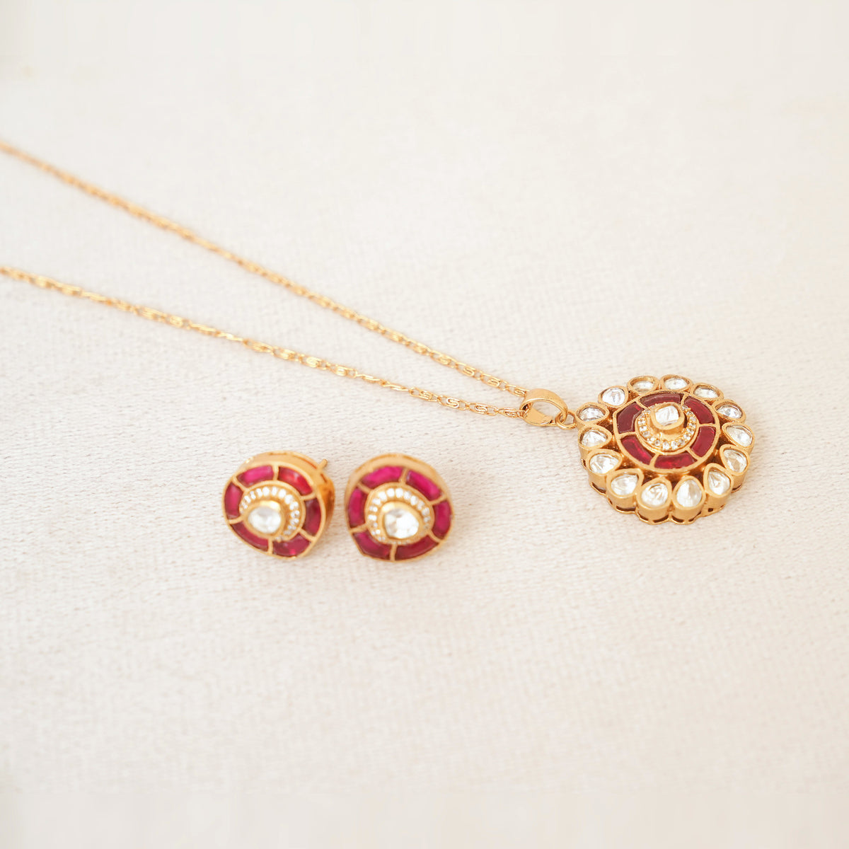 Ruby Kundan Medallion Pendant Necklace Set