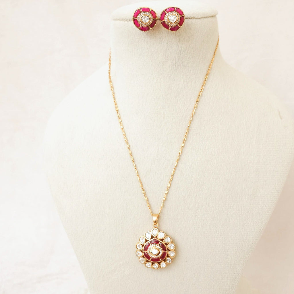 Ruby Kundan Medallion Pendant Necklace Set