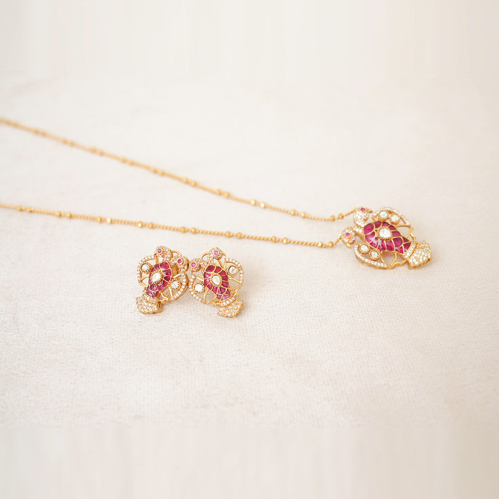 Ruby Kundan Floral Fan Pendant Necklace Set